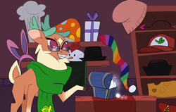 Size: 2700x1718 | Tagged: safe, artist:nonameorous, imported from derpibooru, cashmere (tfh), deer, reindeer, them's fightin' herds, arrow, box, bunny ears, cap, cap'n'cash's, cheese, chef's hat, clothes, cloven hooves, coat markings, community related, facial markings, fedora, female, food, glasses, gradient hooves, hat, mushroom, present, raised hoof, red eyes, salt, scarf, shelf, smiling, solo, star (coat marking)