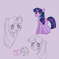 Size: 1339x1339 | Tagged: safe, anonymous artist, imported from derpibooru, twilight sparkle, pony, unicorn, :3, :t, book, floppy ears, multeity, open mouth, pouting, simple background, sketch, sparkles, unicorn twilight