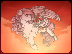 Size: 1280x960 | Tagged: safe, artist:binibean, imported from derpibooru, philomena, princess celestia, alicorn, bird, phoenix, pony, duo, female, flying, mare, pink-mane celestia, sunset, younger