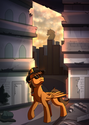 Size: 2000x2800 | Tagged: safe, artist:littletigressda, imported from derpibooru, oc, oc only, pegasus, pony, fallout equestria, city, hat, skyscraper, solo, sunglasses