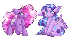 Size: 1200x666 | Tagged: safe, artist:cyberplush, imported from derpibooru, daisy dreams, flitterheart, earth pony, pegasus, daisydorable, duo, duo female, female, flitterheartbetes, mare, one ear down, simple background, transparent background