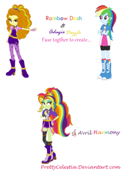 Size: 930x1284 | Tagged: safe, artist:prettycelestia, imported from derpibooru, adagio dazzle, rainbow dash, oc, oc:avril harmony, equestria girls, belt buckle, boots, clothes, eyeshadow, fusion, fusion:adagio dazzle, fusion:rainbow dash, fusion:rainbow dazz, gem, gloves, headband, high heel boots, jewelry, long socks, makeup, multicolored hair, purple eyes, rainbow hair, ring, shoes, shorts, simple background, siren gem, white background