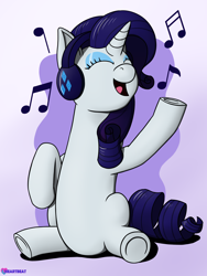 Size: 1500x1995 | Tagged: safe, artist:passionpanther, imported from derpibooru, part of a set, rarity, pony, unicorn, series:ponies with headphones, cute, cutie mark accessory, eyes closed, female, headphones, mare, music notes, open mouth, open smile, raribetes, singing, sitting, smiling, solo, underhoof