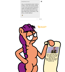 Size: 3023x3351 | Tagged: safe, artist:professorventurer, imported from derpibooru, sunny starscout, earth pony, pony, series:ask pippamena, bipedal, braid, braided ponytail, female, g5, hoof on hip, mare, ponytail, rick astley, rickroll, scroll, solo, sunny starscout is not amused, unamused