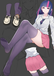 Size: 2894x4093 | Tagged: safe, artist:zpdea, imported from derpibooru, twilight sparkle, human, clothes, female, humanized, light skin, schrödinger's pantsu, skirt, solo, stocking feet, stockings, thigh highs