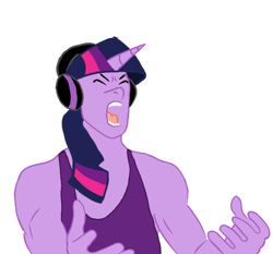 Size: 800x746 | Tagged: safe, imported from derpibooru, twilight sparkle, anthro, clothes, eyes closed, headphones, meme, open mouth, ponified meme, simple background, solo, tanktop, white background, yelling