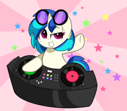Size: 4000x3510 | Tagged: safe, artist:kittyrosie, imported from derpibooru, dj pon-3, vinyl scratch, pony, unicorn, cute, dj booth, female, high res, mare, record, redraw, smiling, solo, stars, vinylbetes