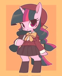Size: 1682x2048 | Tagged: safe, artist:cheesesauce_45, imported from derpibooru, twilight sparkle, semi-anthro, unicorn, alternate hairstyle, bow, clothes, cute, female, filly, filly twilight sparkle, pigtails, school uniform, smiling, solo, twiabetes, twintails, younger