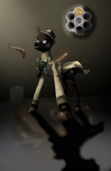 Size: 2008x3071 | Tagged: safe, artist:nergo, imported from derpibooru, oc, pony, undead, unicorn, zombie, clothes, coat, glyph, grin, gun, injured, knife, magic, mask, smiling, telekinesis, weapon