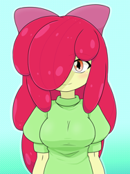 Size: 1668x2224 | Tagged: safe, artist:batipin, imported from derpibooru, apple bloom, human, equestria girls, breasts, busty apple bloom, female, gradient background, hair over one eye, smiling, solo