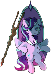 Size: 1280x1828 | Tagged: safe, artist:tater, imported from derpibooru, starlight glimmer, alicorn, pony, alicornified, eye clipping through hair, female, horn, looking at you, mare, peytral, race swap, simple background, sitting, solo, staff, staff of sameness, starlicorn, throne, transparent background, wings, xk-class end-of-the-world scenario