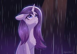 Size: 1754x1240 | Tagged: safe, artist:skysorbett, imported from derpibooru, rarity, pony, unicorn, eyebrows, g4, night, rain, sad, solo, wet, wet mane, wet mane rarity