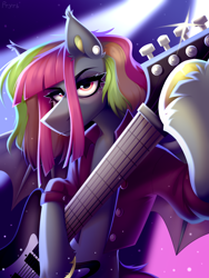 Size: 1620x2160 | Tagged: safe, artist:rtootb, imported from derpibooru, oc, bat pony, pony, equestria girls, guitar centered, angle, bat pony oc, bat wings, digital art, ear piercing, electric guitar, female, guitar, hooves, looking at you, mare, musical instrument, night, piercing, pink hair, pink mane, playing guitar, playing instrument, rock (music), scene, solo, standing, standing on two hooves, wings