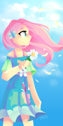 Size: 1000x2000 | Tagged: safe, artist:tater, imported from derpibooru, fluttershy, human, equestria girls, 2021, butterfly hairpin, clothes, dress, female, flower, fluttershy boho dress, legs, old art, petals, skirt, sky background, sleeveless, sleeveless dress, solo, windswept hair