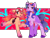 Size: 1280x978 | Tagged: safe, artist:tater, imported from derpibooru, izzy moonbow, sunny starscout, earth pony, pony, unicorn, abstract background, alternate design, bag, bandana, cheek fluff, chest fluff, concept art, duo, duo female, female, g5, goggles, goggles on head, mare, mouth hold, one eye closed, paintbrush, saddle bag