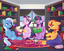 Size: 1280x1023 | Tagged: safe, artist:tater, imported from derpibooru, starlight glimmer, sunset shimmer, trixie, twilight sparkle, alicorn, pony, unicorn, 2022, book, bookshelf, counterparts, cushion, female, horn, library, magic, mare, mug, old art, sitting, telekinesis, twilight sparkle (alicorn), twilight's counterparts