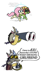 Size: 2400x4167 | Tagged: safe, artist:punkittdev, imported from derpibooru, discord, fluttershy, tree hugger, earth pony, pegasus, pony, make new friends but keep discord, angry, binoculars, comic, crosshair, dialogue, discord is not amused, female, flutterhugger, high, high res, implied drug use, jealous, lesbian, male, shipping, simple background, speech bubble, stoned, tree stoner, trio, unamused, white background