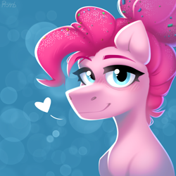 Size: 2048x2048 | Tagged: safe, artist:rtootb, imported from derpibooru, pinkie pie, earth pony, pony, the last problem, alternate hairstyle, blue eyes, blushing, digital art, female, floating heart, g4, heart, looking at you, mare, original art, pink hair, pink mane, ponytail, smiling, smiling at you, solo