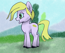 Size: 797x658 | Tagged: safe, artist:kujivunia, imported from derpibooru, oc, oc:laventeli leipa, earth pony, pony, field, green eyes, happy, shading, shadow, side view, smiling, solo, tree