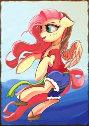 Size: 2480x3508 | Tagged: safe, artist:solid shrimp, imported from derpibooru, fluttershy, pegasus, pony, badass, clothes, cosplay, costume, crossover, flutterbadass, flying, hat, monkey d. luffy, ocean, one piece, shorts, solo, vest, water, wings