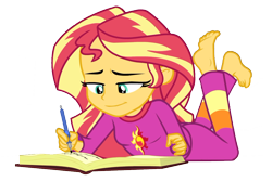 Size: 1038x694 | Tagged: safe, artist:pacoo777yuyu, edit, edited screencap, imported from derpibooru, screencap, sunset shimmer, human, equestria girls, equestria girls series, forgotten friendship, background removed, barefoot, beautiful, book, cute, feet, female, simple background, solo, sunset's journal, the pose, transparent background