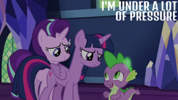 Size: 1920x1080 | Tagged: safe, edit, edited screencap, editor:quoterific, imported from derpibooru, screencap, spike, starlight glimmer, twilight sparkle, alicorn, dragon, pony, unicorn, triple threat, concerned, glowing spines, looking at each other, looking at someone, nervous, trio, twilight sparkle (alicorn), twilight's castle