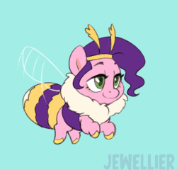 Size: 1200x1152 | Tagged: safe, alternate version, artist:jewellier, imported from derpibooru, pipp petals, bee, bee pony, hybrid, original species, adorapipp, animated, antennae, blue background, bumblebee, bumblebipp, chest fluff, cute, female, flying, g5, gif, insect wings, looking forward, mare, pipp is short, pipp is smol, relaxed, simple background, solo, species swap, wings