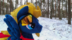 Size: 1191x671 | Tagged: safe, artist:mgrdash, imported from derpibooru, oc, pegasus, pony, irl, maker:adamar44, photo, plushie, ponies in real life, snow, snowforest, sunglasses, winter
