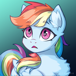 Size: 2000x2000 | Tagged: safe, artist:inowiseei, imported from derpibooru, rainbow dash, pegasus, pony, chest fluff, cute, dashabetes, ear fluff, eyebrows, eyebrows visible through hair, female, folded wings, gradient background, high res, mare, open mouth, signature, solo, wings