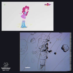 Size: 1080x1080 | Tagged: safe, artist:theratedrshimmer, imported from derpibooru, screencap, pinkie pie, human, equestria girls, mirror magic, spoiler:eqg specials, chromatic aberration, comparison, fake screencap, food, logo, popcorn, solo, vhs