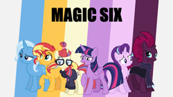 Size: 2000x1125 | Tagged: safe, editor:quoterific, imported from derpibooru, moondancer, starlight glimmer, sunset shimmer, tempest shadow, trixie, twilight sparkle, alicorn, pony, unicorn, broken horn, clothes, counterparts, glasses, horn, robe, scarf, sweater, twilight sparkle (alicorn), twilight's counterparts