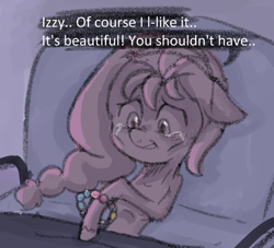 Size: 742x674 | Tagged: safe, anonymous artist, imported from derpibooru, sunny starscout, earth pony, pony, series:anorexic sunny, anorexia, bed, bracelet, braid, braided ponytail, crying, emaciated, female, floppy ears, g5, hospital bed, implied izzy moonbow, jewelry, mare, offscreen character, pillow, ponytail, skinny, solo, starvation, tears of joy, thin