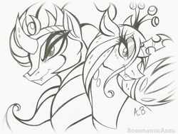 Size: 2085x1577 | Tagged: safe, artist:rossmaniteanzu, imported from derpibooru, king sombra, queen chrysalis, changeling, unicorn, chrysombra, female, lineart, male, pencil drawing, shipping, straight, traditional art