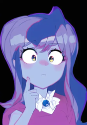 Size: 448x640 | Tagged: safe, editor:luckreza8, imported from derpibooru, princess luna, human, equestria girls, ai content, ai generated, anime, black background, female, generator:pinegraph, simple background, solo, vice principal luna