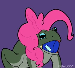 Size: 1500x1350 | Tagged: safe, artist:unitxxvii, imported from derpibooru, pinkie pie, toad, cupcake, female, food, not salmon, purple background, simple background, solo, species swap, wat