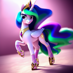 Size: 1024x1024 | Tagged: safe, generator:pony soup v2, imported from derpibooru, princess celestia, alicorn, pony, abstract background, ai content, ai generated, clothes, crown, ethereal mane, ethereal tail, female, generator:stable diffusion, hoof shoes, jewelry, looking at you, mare, open mouth, open smile, peytral, prompter:siber, raised hoof, regalia, smiling, smiling at you, socks, solo, tail, walking