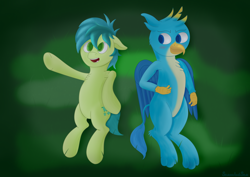 Size: 3508x2480 | Tagged: safe, artist:samenandsam, imported from derpibooru, gallus, sandbar, earth pony, griffon, pony, blushing, duo, duo male, gallbar, gay, grass, high res, lying down, male, night, open mouth, open smile, shipping, smiling, stallion, wings