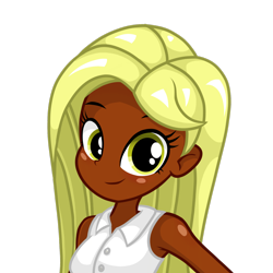 Size: 1650x1650 | Tagged: safe, artist:rjp.rammy, imported from derpibooru, oc, oc only, oc:xocolatl, human, equestria girls, bare shoulders, blonde, blonde hair, commission, cute, dark skin, female, looking at you, ocbetes, simple background, sleeveless, smiling, solo, transparent background