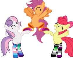 Size: 946x758 | Tagged: artist needed, source needed, safe, imported from derpibooru, apple bloom, scootaloo, sweetie belle, earth pony, pegasus, pony, unicorn, apple bloom's bow, aromantic pride flag, asexual pride flag, bipedal, bow, clothes, cutie mark crusaders, eyes closed, female, gay pride flag, hair bow, lesbian pride flag, male, older, older apple bloom, older cmc, older scootaloo, older sweetie belle, pride, pride flag, simple background, socks, stallion, standing on two hooves, striped socks, trans male, trans stallion sweetie belle, transgender, transgender pride flag, trio, white background