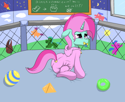 Size: 2200x1800 | Tagged: safe, artist:amateur-draw, imported from derpibooru, oc, oc only, oc:belle boue, pony, unicorn, adult diaper, adult foal, ball, bench, chalkboard, clothes, cute, diaper, diaper fetish, diaper under clothes, fetish, footed sleeper, footie pajamas, male, marker (dead space), onesie, pacifier, pajamas, poofy diaper, solo, stallion, toy