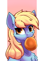 Size: 1700x2330 | Tagged: safe, artist:hc0, imported from derpibooru, derpy hooves, pegasus, pony, abstract background, bust, food, mouth hold, pancakes, portrait, solo