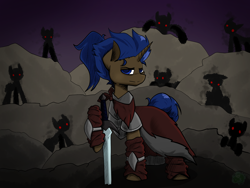 Size: 2000x1500 | Tagged: safe, artist:move, imported from derpibooru, oc, oc only, oc:lightning bolt, pony, unicorn, clothes, death stare, group, leader, lore, male, ominous, ponytail, red eyes, silhouette, stallion, sword, weapon, younger