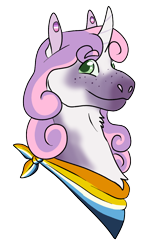 Size: 792x1267 | Tagged: safe, artist:gossamer385, imported from derpibooru, sweetie belle, unicorn, 2022, aromantic pride flag, asexual pride flag, bandana, chest fluff, ear piercing, female, headcanon, looking at you, neck fluff, older, older sweetie belle, piercing, pride, pride flag, sexuality headcanon, simple background, smiling, solo, transparent background