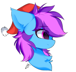 Size: 3180x3040 | Tagged: safe, artist:lunylin, imported from derpibooru, oc, oc only, oc:nohra, earth pony, pony, breath, chest fluff, christmas, ear fluff, earth pony oc, eyebrows, eyebrows visible through hair, female, floppy ears, fluffy, half body, hat, holiday, mare, profile, santa hat, simple background, smiling, solo, two toned mane, white background