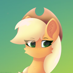 Size: 3500x3500 | Tagged: safe, artist:gaffy, imported from derpibooru, applejack, earth pony, pony, bust, ear fluff, gradient background, portrait, smiling, solo