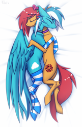 Size: 3600x5594 | Tagged: safe, artist:fenixdust, imported from derpibooru, oc, oc only, oc:cyan stratus, oc:kale triton, earth pony, pegasus, pony, bed, clothes, collar, commission, couple, cuddling, cute, digital art, fenixdust didn't use hockless socks, flower, flower in hair, gay, happy, male, rose, snuggling, socks, stallion, striped socks