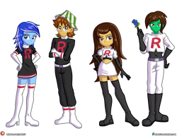 Size: 4000x3090 | Tagged: safe, artist:dieart77, imported from derpibooru, oc, oc only, oc:ferb fletcher, oc:frost d. tart, oc:golden lily, oc:zipper zest, human, equestria girls, boots, clothes, cosplay, costume, miniskirt, pokémon, shoes, simple background, skirt, socks, team rocket, thigh boots, thigh highs, transparent background