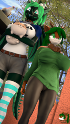 Size: 2160x3840 | Tagged: safe, artist:donglysfm, imported from derpibooru, oc, oc:emerald dusk, oc:tea tree, anthro, bird, deer, dragon, pigeon, 3d, :p, antlers, big breasts, breasts, bucktooth, clothes, collar, deer oc, dog collar, duo, duo female, ear fluff, female, horns, leash, milf, neck fluff, non-pony oc, outdoors, plushie, revamped anthros, sharp teeth, size difference, socks, source filmmaker, striped socks, sweater, sweater puppies, teeth, thigh highs, tongue out