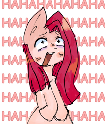 Size: 638x753 | Tagged: safe, artist:katotako, derpibooru exclusive, imported from derpibooru, pinkie pie, earth pony, pony, bags under eyes, ear fluff, insanity, laughing, laughing mad, pinkamena diane pie, solo