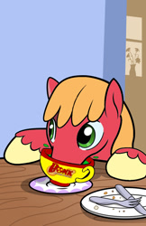 Size: 663x1024 | Tagged: safe, anonymous editor, artist:muffinshire, edit, imported from derpibooru, big macintosh, earth pony, pony, /mlp/ tf2 general, bomb ass tea, bonk atomic punch, character swap, cup, flower, flower pot, fork, knife, male, saucer, solo, stallion, table, teacup, team fortress 2, wood